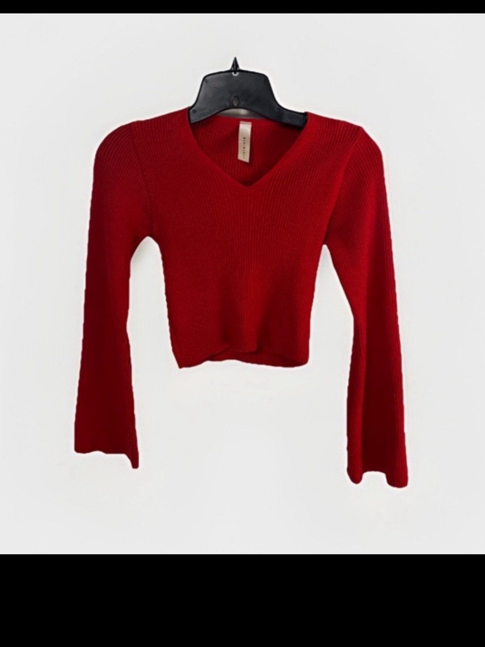 Women Red Ribbed Long Bell Sleeve Knit Cropped Sweater Blue Blush Stretch V-Neck